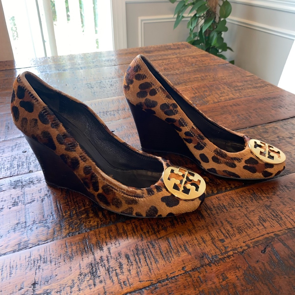 Tory Burch Leopard Print Wedges with Gold Logo